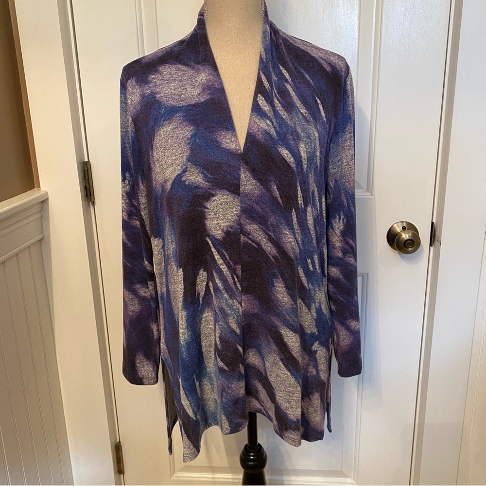 CLARA SUN WOO TOP TUNIC BLUE GRAY ABSTRACT PATTERN LONG SLEEVE V-NECK SIZE M